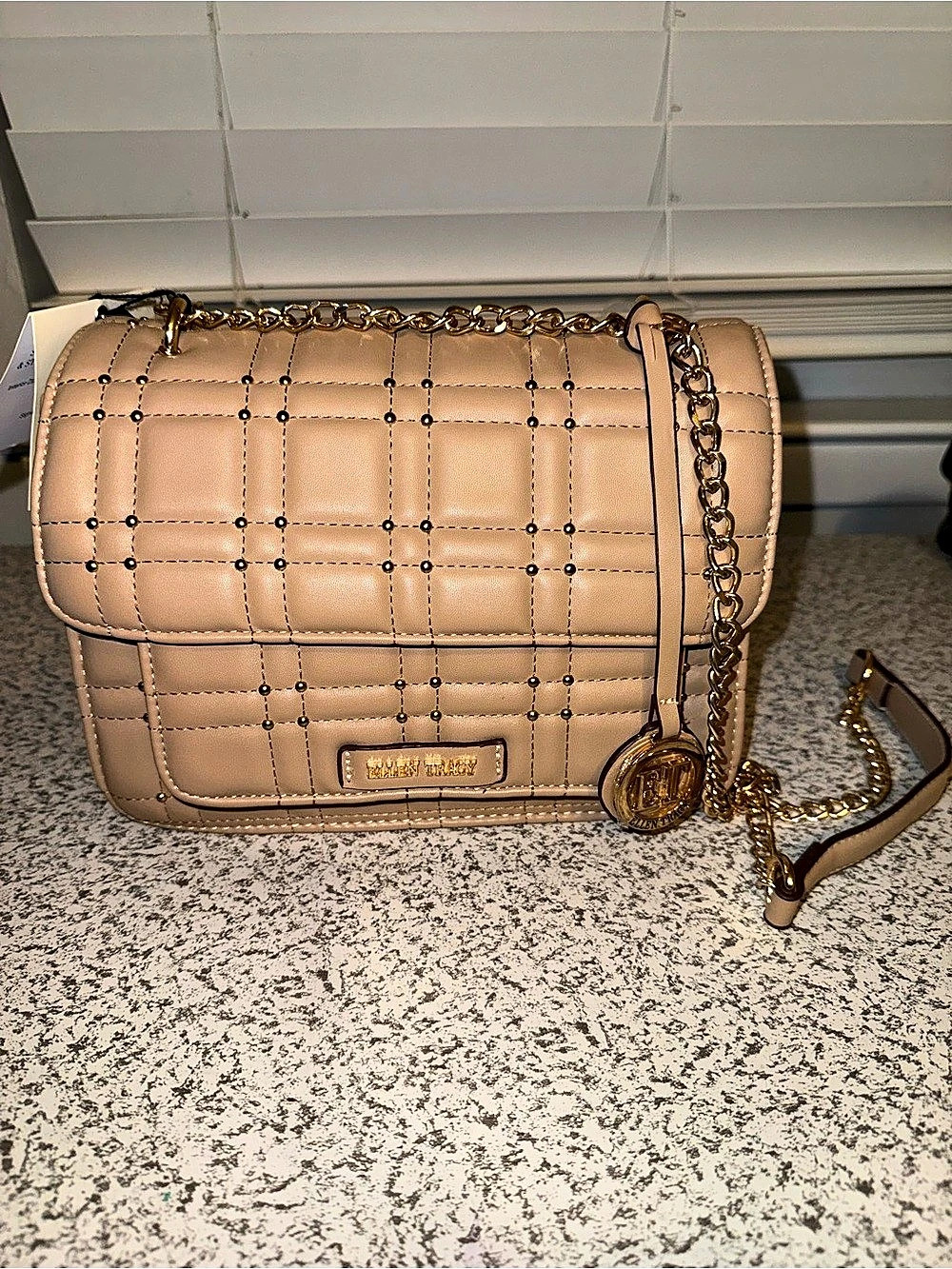 Ellen Tracy Studded Top Flap Satchel Quilted Shoulder Bag Tan NWT